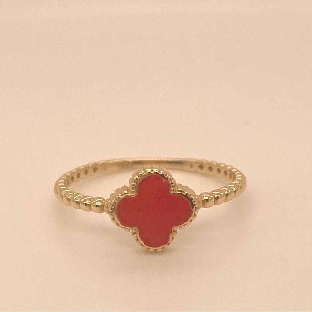 14K Yellow Gold red enamel beaded clover ring